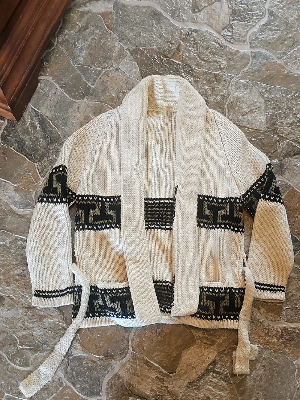 Vintage Shawl Collar Cardigan in Cream with Black Geometric Trim - Picture 1 of 2